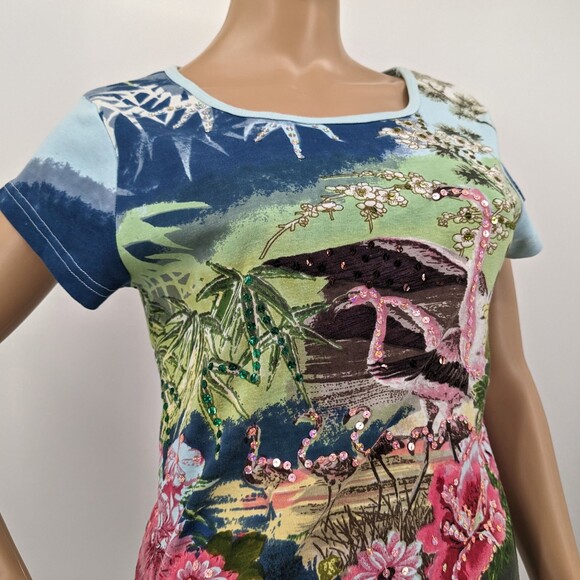 Vintage 90s y2k Take Two Ringer Tee Floral Tropical Falmingo Sequins Size S - Picture 4 of 10